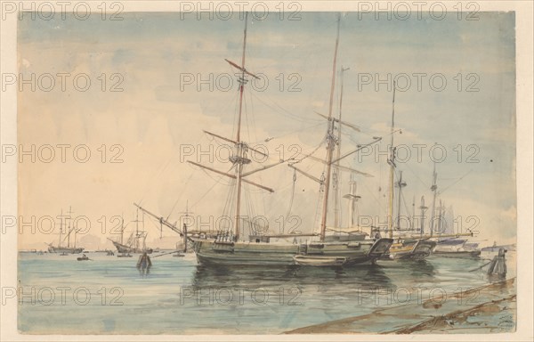 Sailing ships in a harbour, 1829-1879. Creator: Ary Pleijsier.