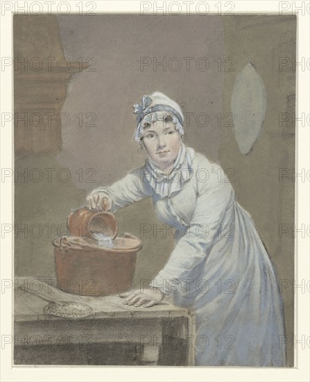 Maid pours milk into a saucepan, 1799. Creator: Jean Baptiste Mallett.