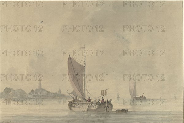 Sailing barges on the water in front of a Dutch town, 1758-1815. Creator: Nicolaas Wicart.