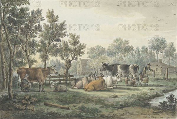 Meadow with cows being milked, 1773. Creator: Paulus Constantijn la Fargue.