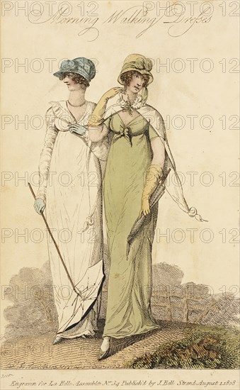 Fashion Plate (Morning Walking Dresses), 1808. Creator: John Bell.