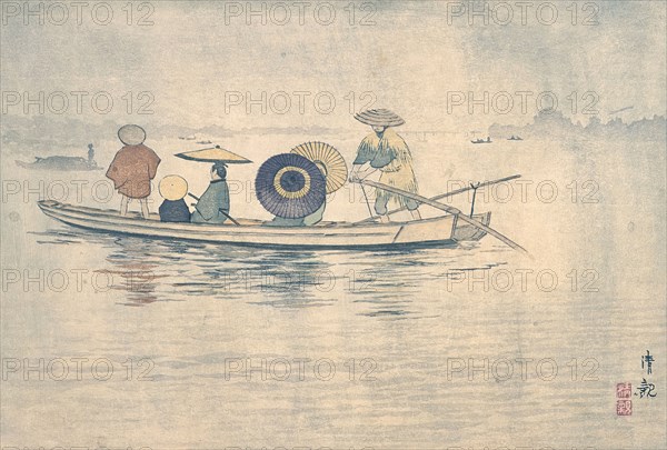 Spring Rain near the Great Riverbank: A Crossing Ferry Boat, c1884. Creator: Kobayashi Kiyochika.