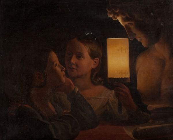 Two Children Illuminating a Sculpted Bust, 1839. Creator: Johan Gustaf Sandberg.