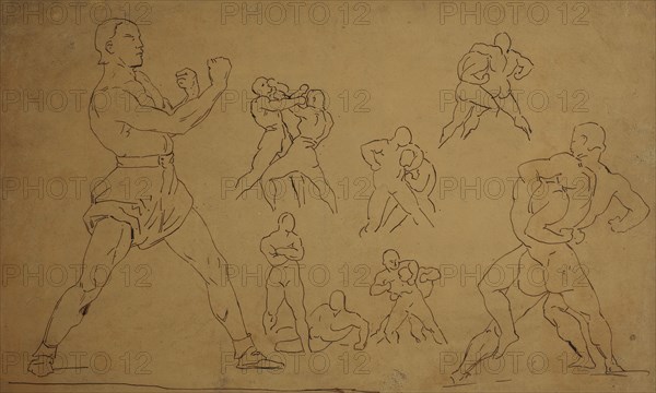 Sketches of wrestlers after gericault, 19th century. Creator: Antoine-Louis Barye.