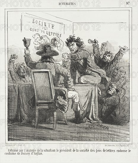 Entrainé par l'analogie de la situation le président de la société des gens de lettres..., 1866. Creator: Cham.