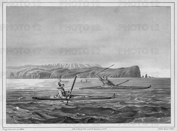 Inhabitants of Ounalacheka with their canoes (Aleutian Islands), 19th ...