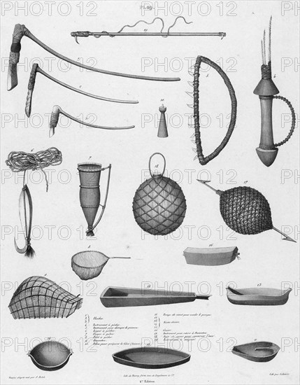 Utensils of the inhabitants of the Caroline Islands, 19th century. Creators: Alexander Postels, Godefroy Engelmann.