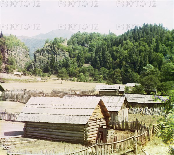 Stone gate and Uzvarian fortress, Uznariani Castle in Tsagvery village, between 1905 and 1915. Creator: Sergey Mikhaylovich Prokudin-Gorsky.