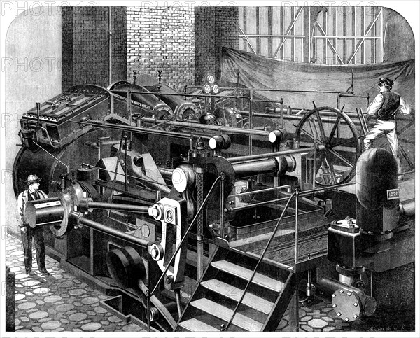 The International Exhibition: Messrs. Maudslay's engines of 800-horse power for the Valiant, 1862. Creator: Mallett.