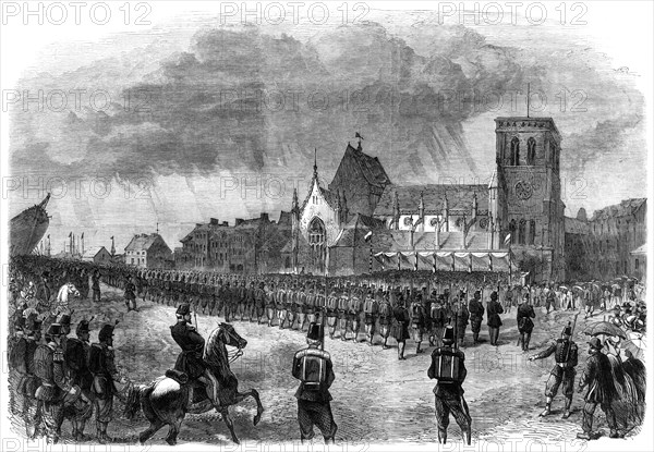 Review of French troops on the Place Napoleon at Cherbourg, 1865. Creator: Unknown.