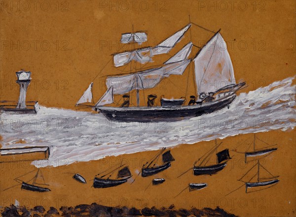 Two-master and fishing fleet,  c1930. Creator: Alfred Wallis.