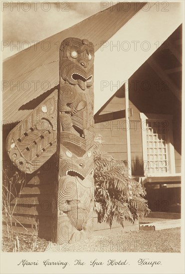 Maori carving, the Spa Hotel, Taupo. From the album: Record Pictures of New Zealand, 1920s. Creator: Harry Moult.