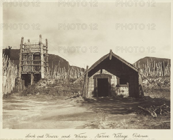 Look-out tower and whare, native village, Rotorua, 1920s. Creator: Harry Moult.