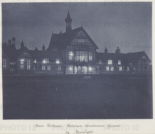 Main bathouse (sic), Rotorua Sanatorium grounds by moonlight, 1920s. Creator: Harry Moult.