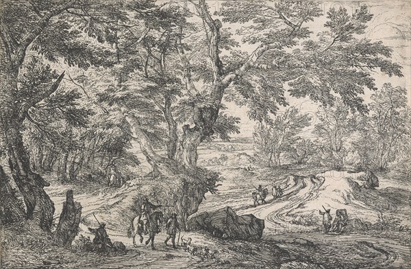 Landscape with, in left foreground, a man seated on the roadside on the edge of a wood...after 1667. Creator: Jan van Huchtenburg.