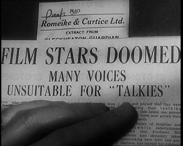 A Shot of the Film Weekly. Headline Reads: 'Film Stars Doomed. Many Voices Unsuitable for..., 1929. Creator: British Pathe Ltd.