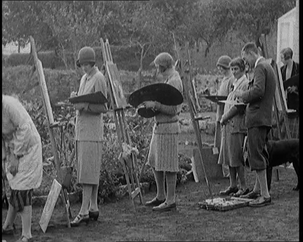 Female Civilians Outdoors Painting at Easels in an Art Class, 1920. Creator: British Pathe Ltd.