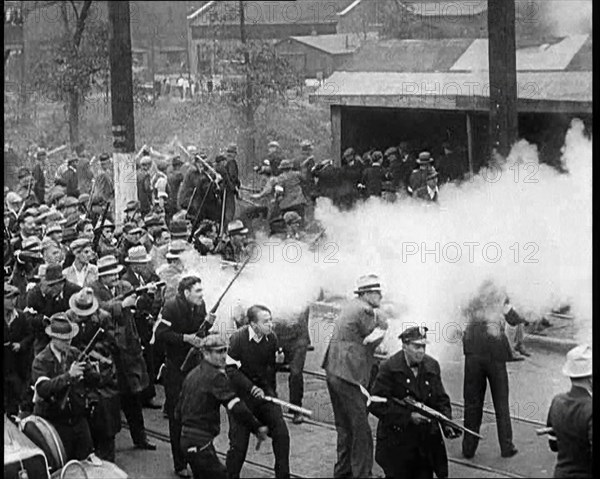 Small Crowd of American Civilians on a Demonstration/Strike in Conflict with the Police..., 1930. Creator: British Pathe Ltd.