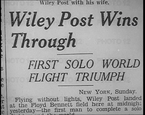 Newspaper Article with Headline Reading: 'Wiley Post Wins Through - First Solo World..., 1933. Creator: British Pathe Ltd.