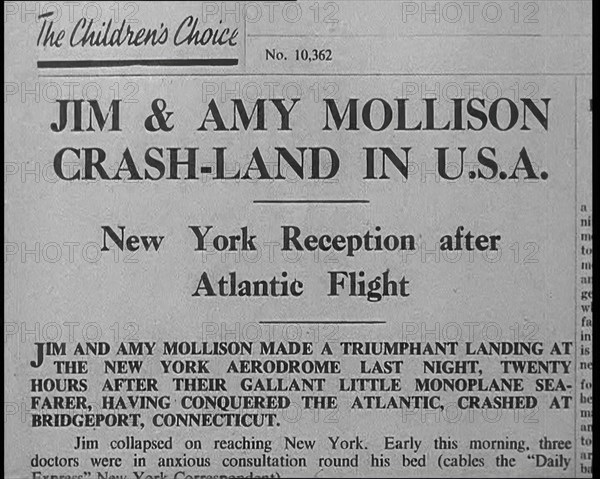 Newspaper Article with Headline Reading: 'Jim & Amy Mollison Crash-land in U.S.A..., 1933. Creator: British Pathe Ltd.