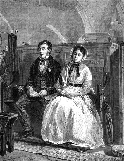 The First Time of 'Asking,' by W. Hemsley,...Exhibition of the Society of British Artists, 1869. Creator: Unknown.