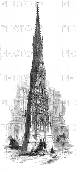 The Eleanor Cross restored, in front of the Charing-Cross Hotel and Railway Station, 1865. Creator: Mason Jackson.