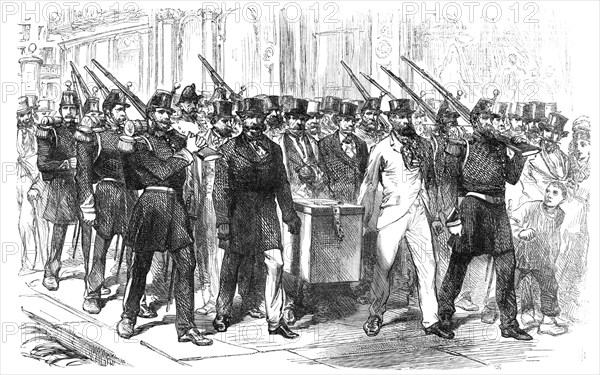 The Elections in France: removal of...voting-urn from a district polling-place to the Mairie, 1869. Creator: Unknown.