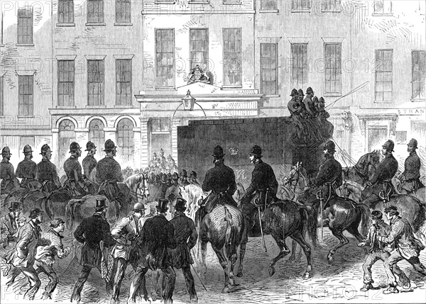 The Fenian Prisoners at the Bow-Street Police Court: removal of prisoners from the courthouse, 1868. Creator: Unknown.