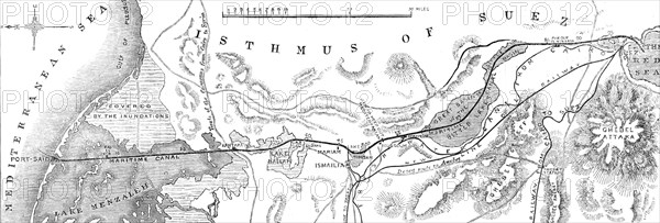 The Isthmus of Suez Maritime Canal: plan of the canal, with the small fresh-water canal, 1869. Creator: Unknown.