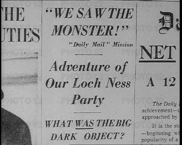 Newspaper Headline Reading: 'We Saw the Monster - Daily Mail Mission - Adventure of Our Loch...1933. Creator: British Pathe Ltd.