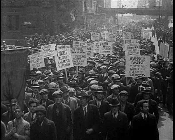 American anti-fascists Marching and Holding Signs, 1933. Creator: British Pathe Ltd.