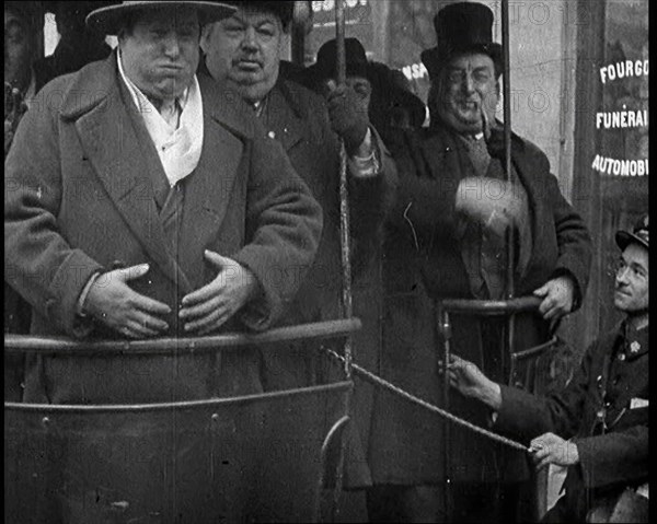 Film 'Fat Man's Outing'. Large Men Getting on a Paris Bus, 1921. Creator: British Pathe Ltd.