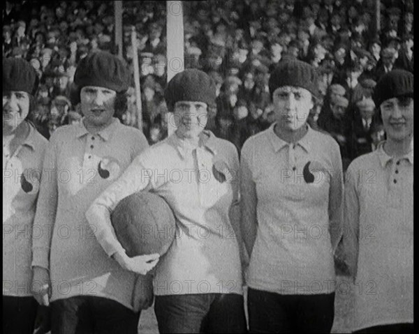 Women Football Players Lines up Ready to Begin the Match, 1920. Creator: British Pathe Ltd.