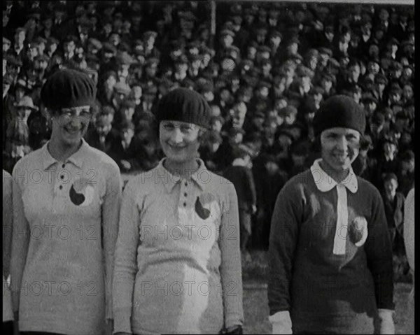 Women Football Players Lines up Ready to Begin the Match, 1920. Creator: British Pathe Ltd.