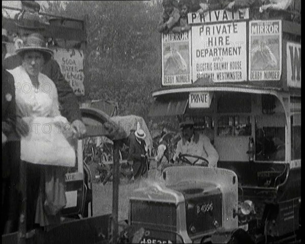 Cars, Buses and Pedestrians Arriving for the 1920 Epsom Derby, 1920. Creator: British Pathe Ltd.