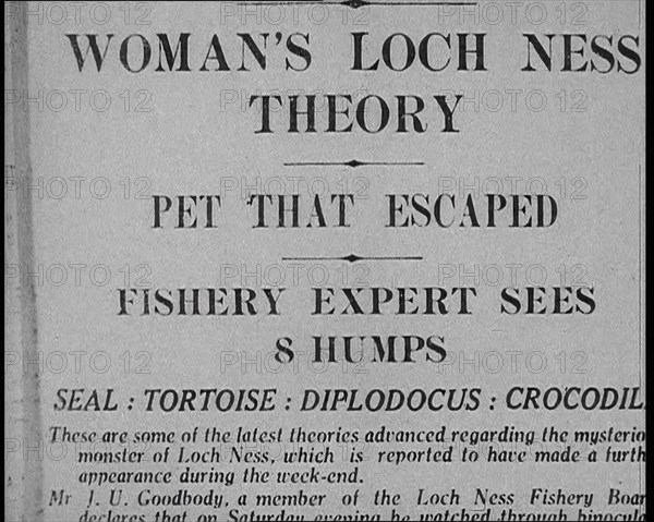 Newspaper Headline Reading: 'Woman's Loch Ness Theory - Pet That Escaped - Fishery Expert..., 1933. Creator: British Pathe Ltd.