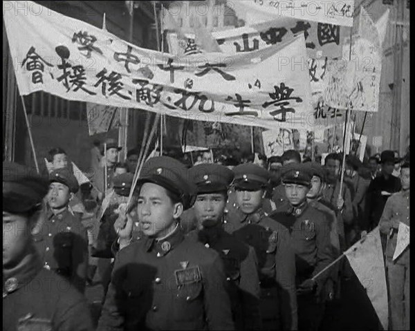 A Close up of Male Chinese Soldiers at an Anti-War Protest Many of Whom Are Carrying..., 1938. Creator: British Pathe Ltd.