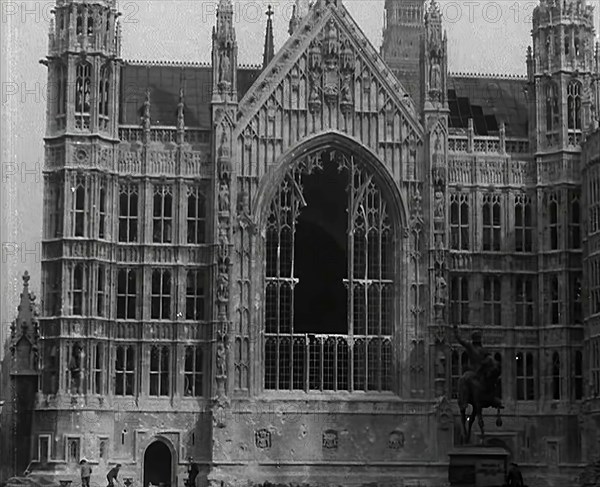 The Palace of Westminster and the Statue of Richard the Lionheart, Damaged by German Bombing, 1941. Creator: British Pathe Ltd.