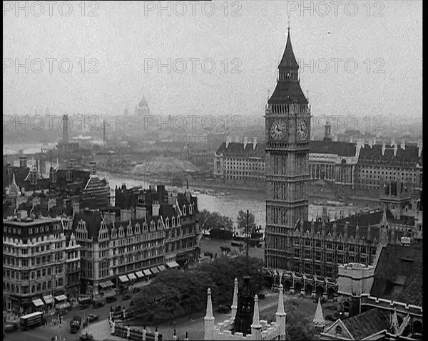 A View of the Elizabeth Tower Containing Big Ben, with the River Thames and County Hall..., 1939. Creator: British Pathe Ltd.