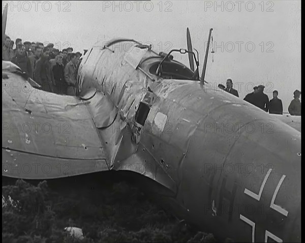 A Close up of a Downed German Airforce Bomber Lying in a Scottish Field With Damage to the..., 1939. Creator: British Pathe Ltd.