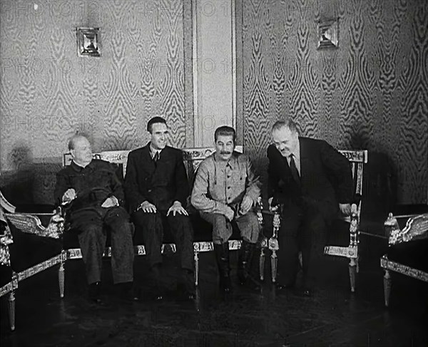 Winston Churchill, Joseph Stalin, W. Averell Harriman and Vyacheslav Molotov at a Meeting, 1942. Creator: British Pathe Ltd.