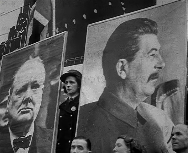 Large Posters of Joseph Stalin and Winston Churchill, 1942. Creator: British Pathe Ltd.