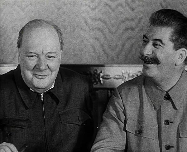 Winston Churchill and Joseph Stalin at a Meeting, 1942. Creator: British Pathe Ltd.