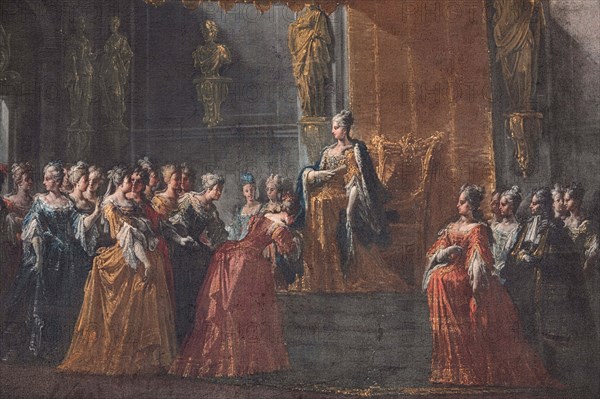 The hand kissing ceremony at the court of Queen Elisabetta Farnese, 1717-1718. Creator: Spolverini (Mercanti); Ilario Giacinto (1657-1734).