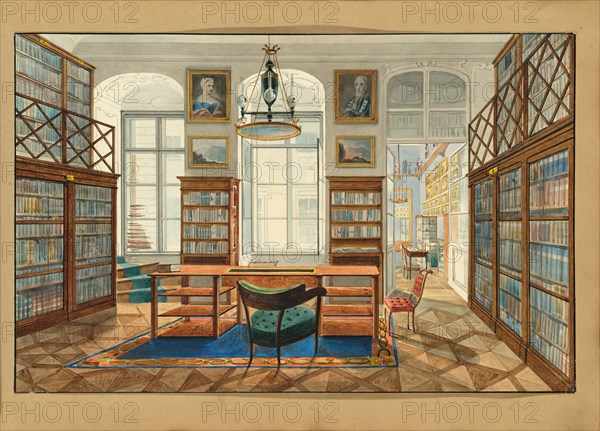 The library in the Palais Clary-Altreiben, Vienna, with a view of Herrengasse, c1830-1840. Creator: Anonymous ().