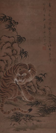 A tiger takes shelter under a rock, 1810. Creator: Kazan; Watanabe (1793-1841).