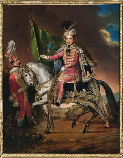 Count György Károlyi de Nagykároly (1802-1877) on horseback in Hungarian costume, 1831. Creator: Alconiere; Theodor (1798-1865).