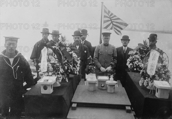 Bodies of Japanese Navy aviators killed by a fall, on torpedo boat, between c1915 and c1920. Creator: Bain News Service.