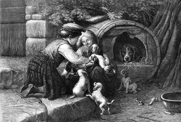 Amongst the Pets, by J. W. Bottomley, in the Royal Academy exhibition, 1870. Creator: William Hollidge.