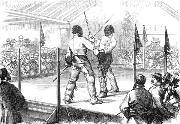 Assault of arms by the Hon. Artillery Athletic Club: quarterstaff, 1870. Creator: Unknown.